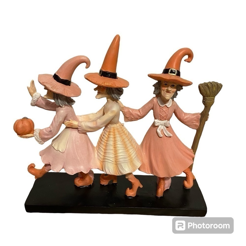 Three Pink Witches Halloween Decor Trio Triple NEW Broom Hat
